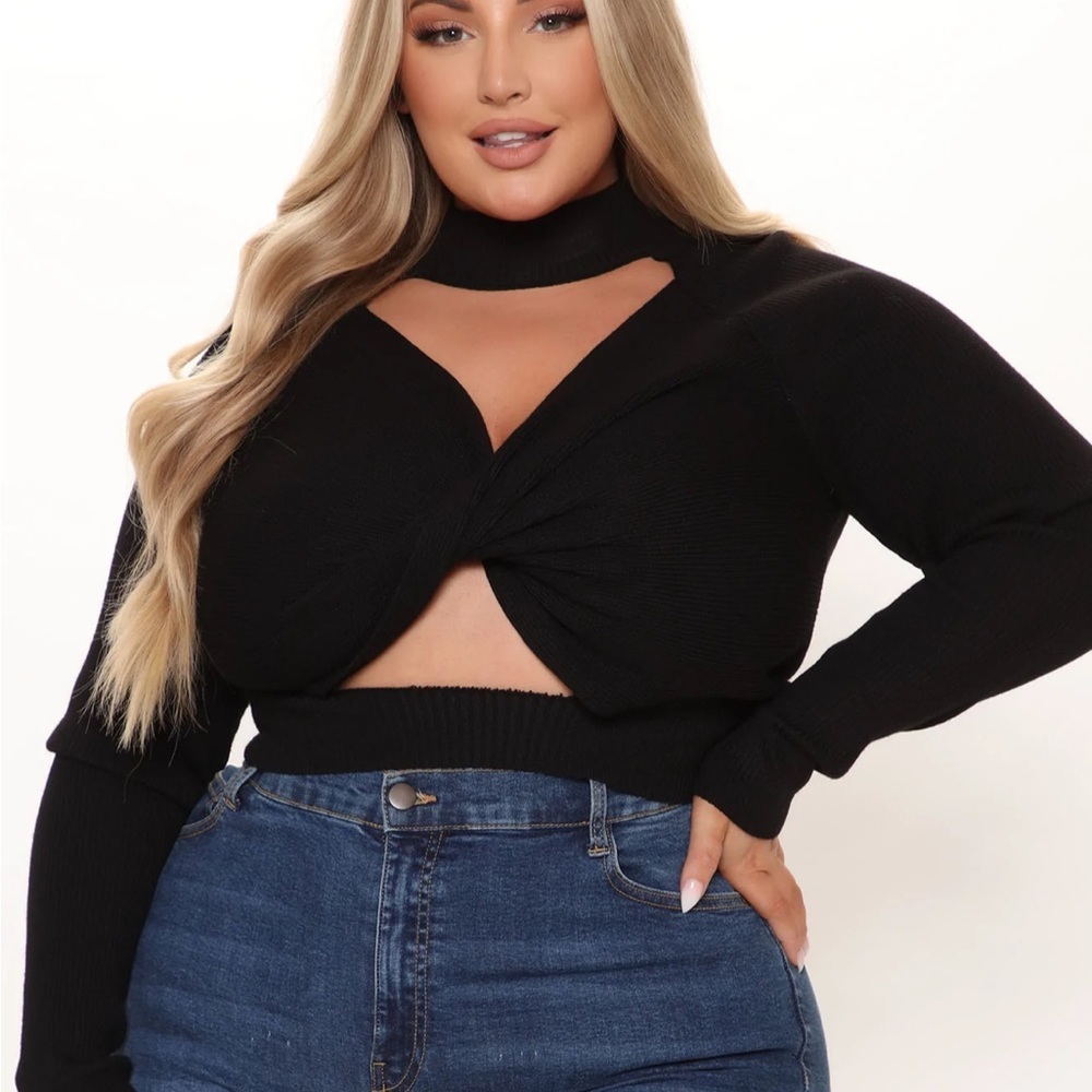 Fashion Nova Black Twist Front Cutout Mock Neck Sweater Crop Top
